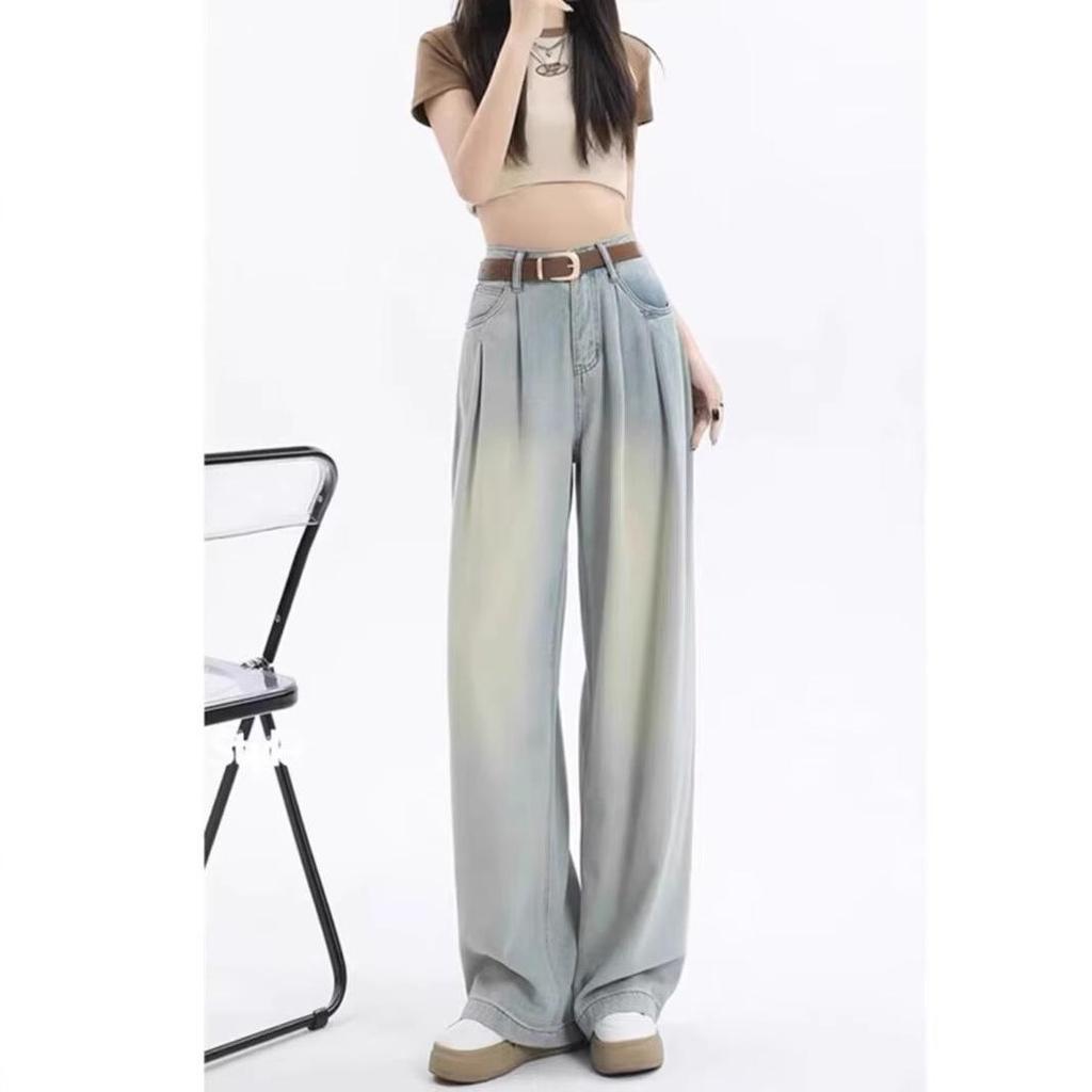 Women's Spring & Summer High-Waisted Light Blue Washed Wide-Leg Jeans - Slimming Pleated Floor-Length Design