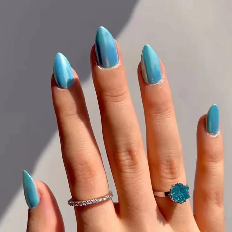 24Pcs Simple False Nails with Glue Short Almond Fake Nails Glitter Aurora Round Head Full Cover Nail Tips Oval Press on Nails