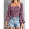 Slim Looking Square Collar Fashion Print Pullover Long Sleeves T-shirt