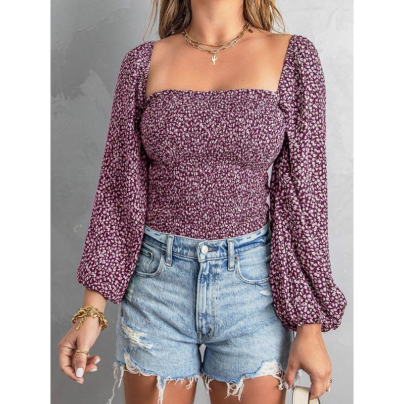 Slim Looking Square Collar Fashion Print Pullover Long Sleeves T-shirt