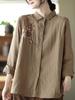 Johnature Women Vintage Embroidered Cotton Blended Shirt Turndown Collar Casual Long Sleeve Blouse Spring Loose Shirts