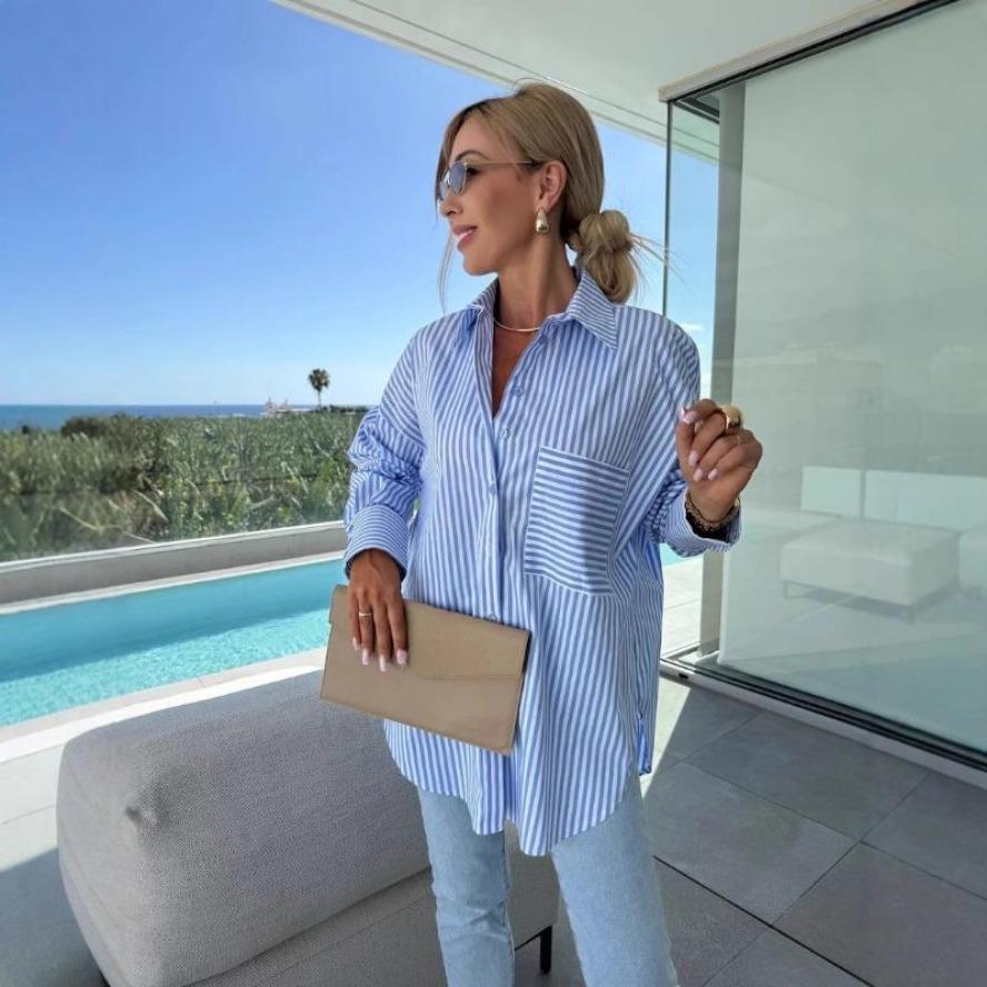 YYFS Women's Fashion Casual Spring Fall Stripe Print Long Sleeve POLO Neck Blouses & Shirts