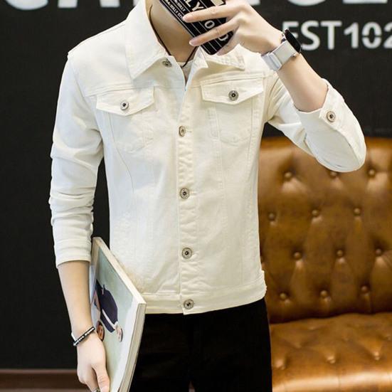 Men Spring Autumn Denim Jacket Solid Color Turn-down Collar Long Sleeve Slim Fit