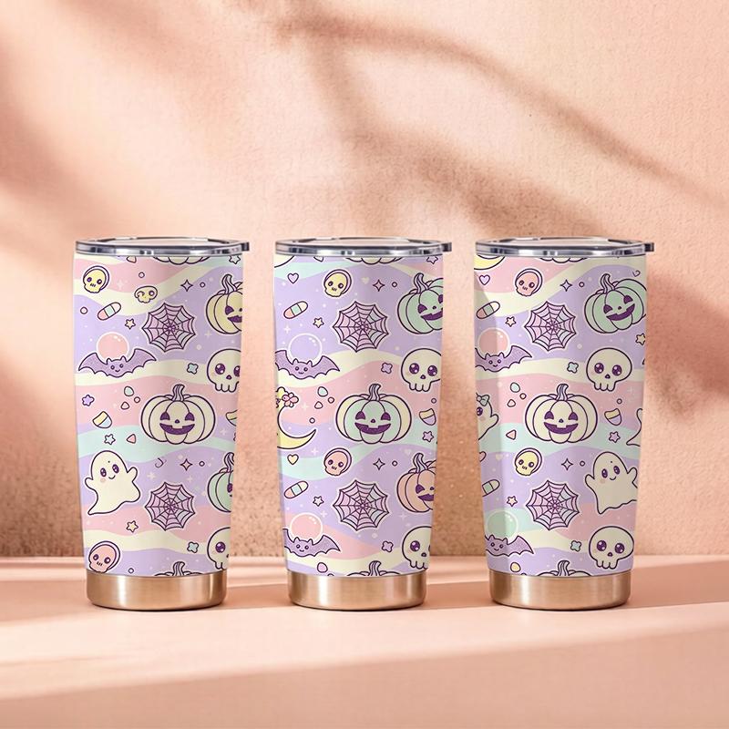 Car Tumbler 591ml Pumpkin Ghost Bat Skull Element Straw Cup Coffee Tumbler Portable Tumbler Metal Drink Mug Gift Cup