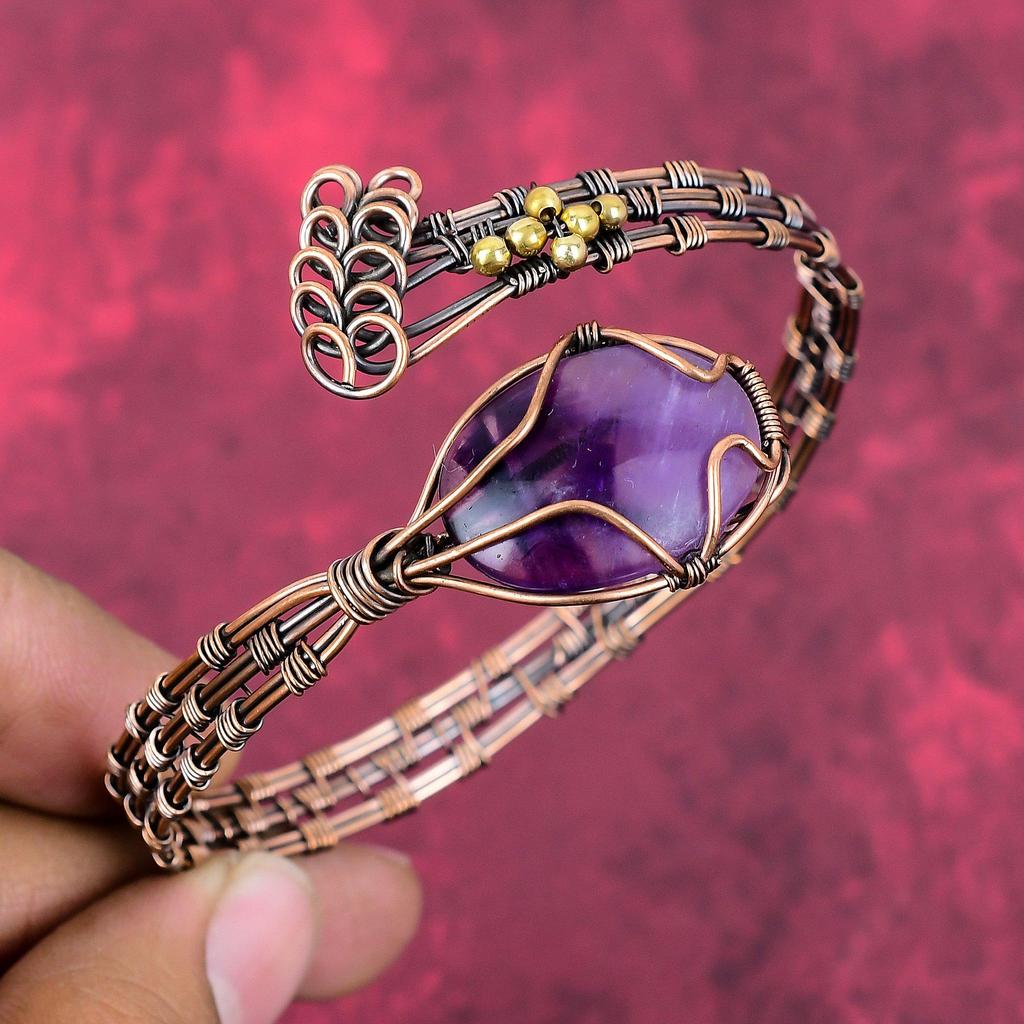 Star Amethyst Bangle Copper Wire Wrapped Jewelry Adjustable Cuff Bracelet Handmade Real Gemstone Jewelry Copper Wire Bangle Gifts for Women