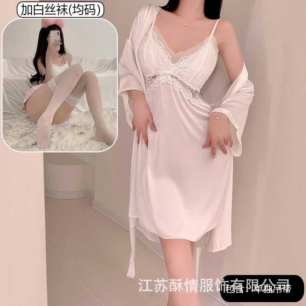 Spring and Summer Sexy Nightdress Lace Temptation V-neck Gathering Ice Silk Suspender Nightdress Backless Chest Pad Suspender Nightdress Set