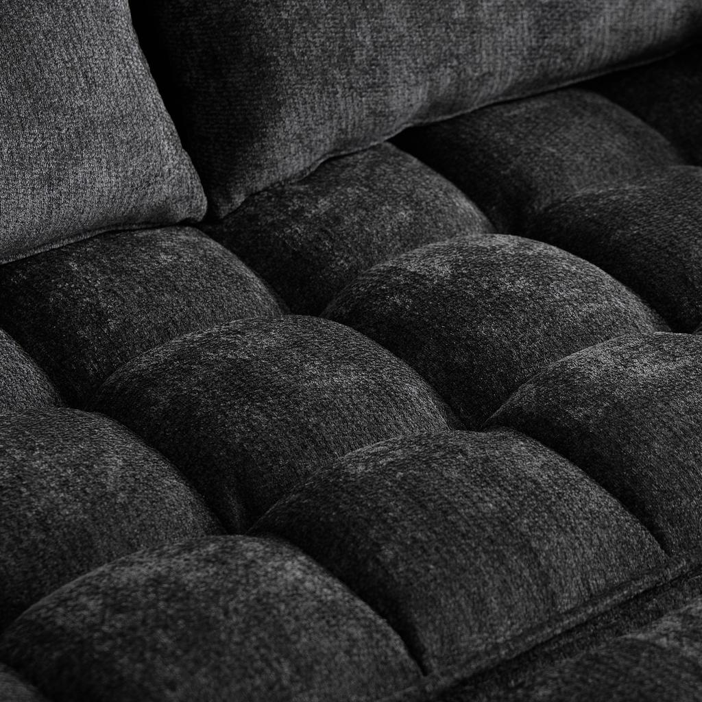 A 142 cm wide 3-in-1 sofa bed with reclining function, seat and back cushions soft as clouds, two lumbar cushions, a shelf and a cup holder