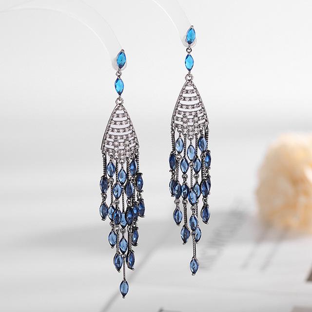

Модные длинные серьги с кисточками, зеленые позолоченные серьги с цирконием, женские роскошные ювелирные изделия, серьги-подвески для свадебной вечеринки синий