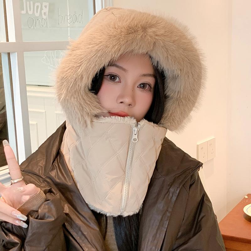 

Winter warm hat women s velvet thickened scarf Lei Feng hat outdoor riding anti-wind and cold ear protector zipper pullover hat хакі