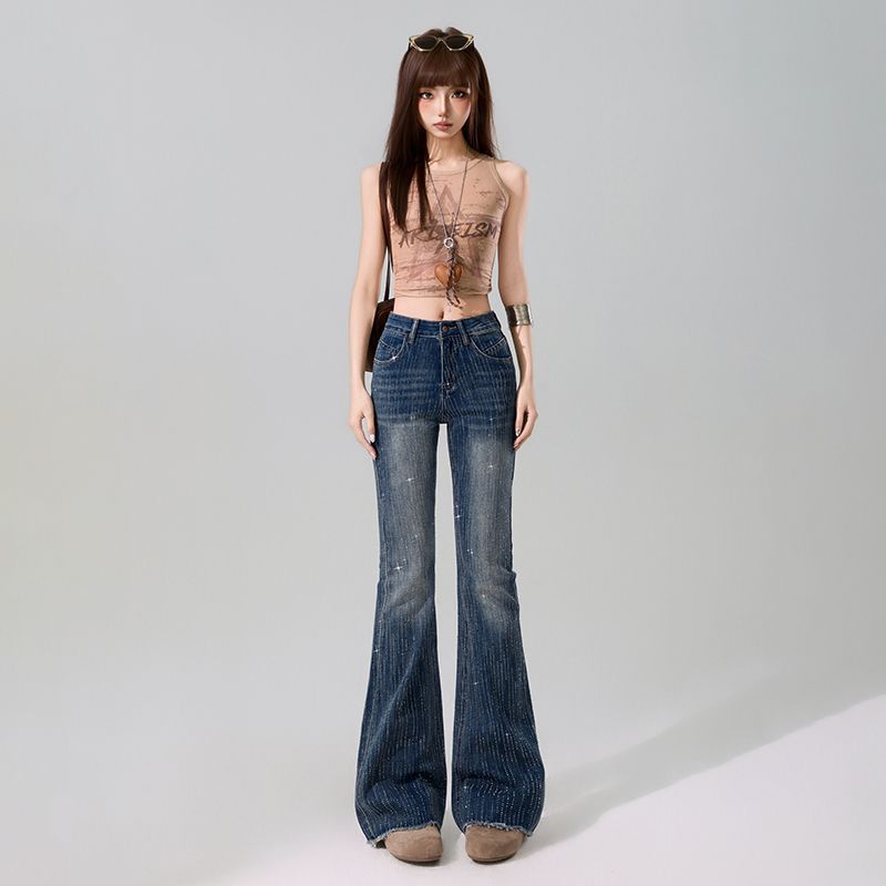 Spring Summer Full Star Rhinestone Vintage Y2K Horse Hoof Raw Edge High Waist Stretch Micro Flare Denim Pants For Ladies Casual Denim Trousers