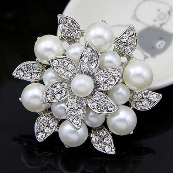 Elegant Flower Rhinestone Imitation Pearl Wedding Bridal Scarf Brooch Pin Gift
