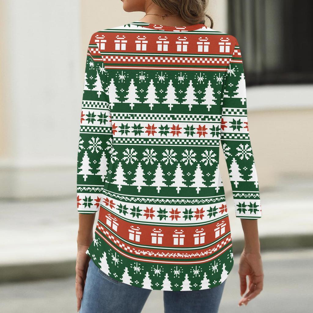 Women's Casual Christmas Print V-Neck Button-Front Three-Quarter Sleeve T-Shirt Top