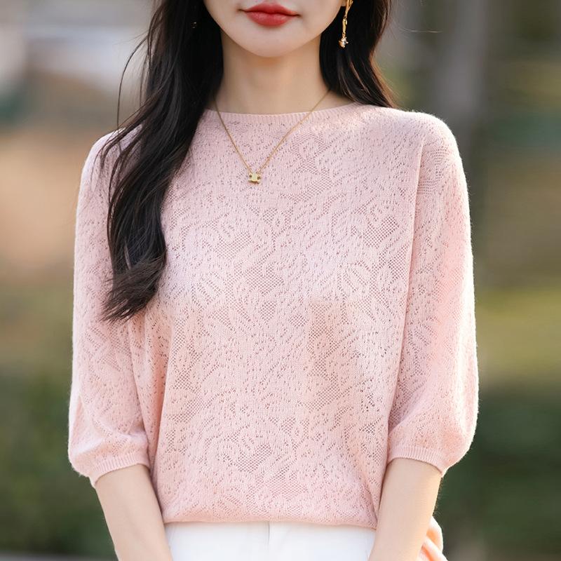 Spring New Thin Fine-spun Fine Wool Openwork Knitted Short-sleeved Top