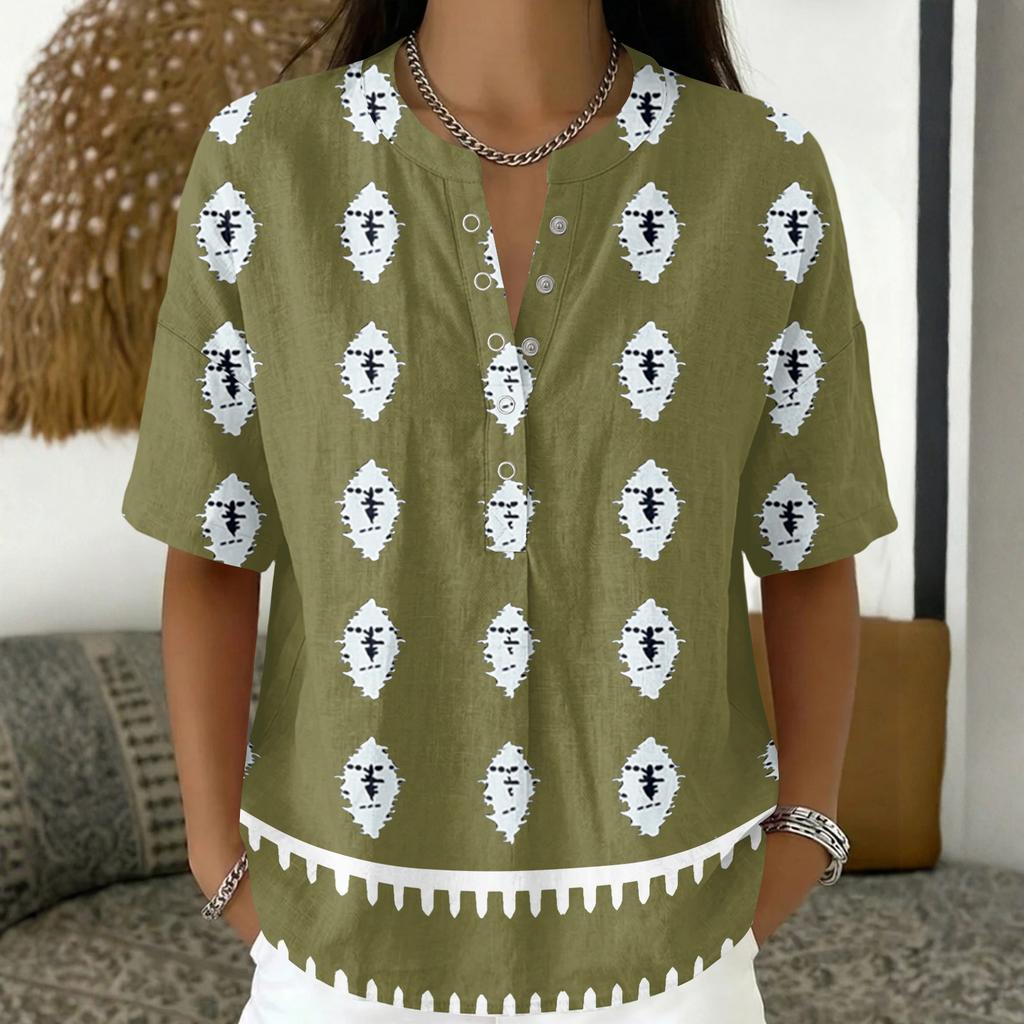 Women's Fashion V Neck Pullover Shirt Short Sleeve Casual Blouse Lightweight Loose Fit Top with Button Detail and Horizontal Stripe Pattern
