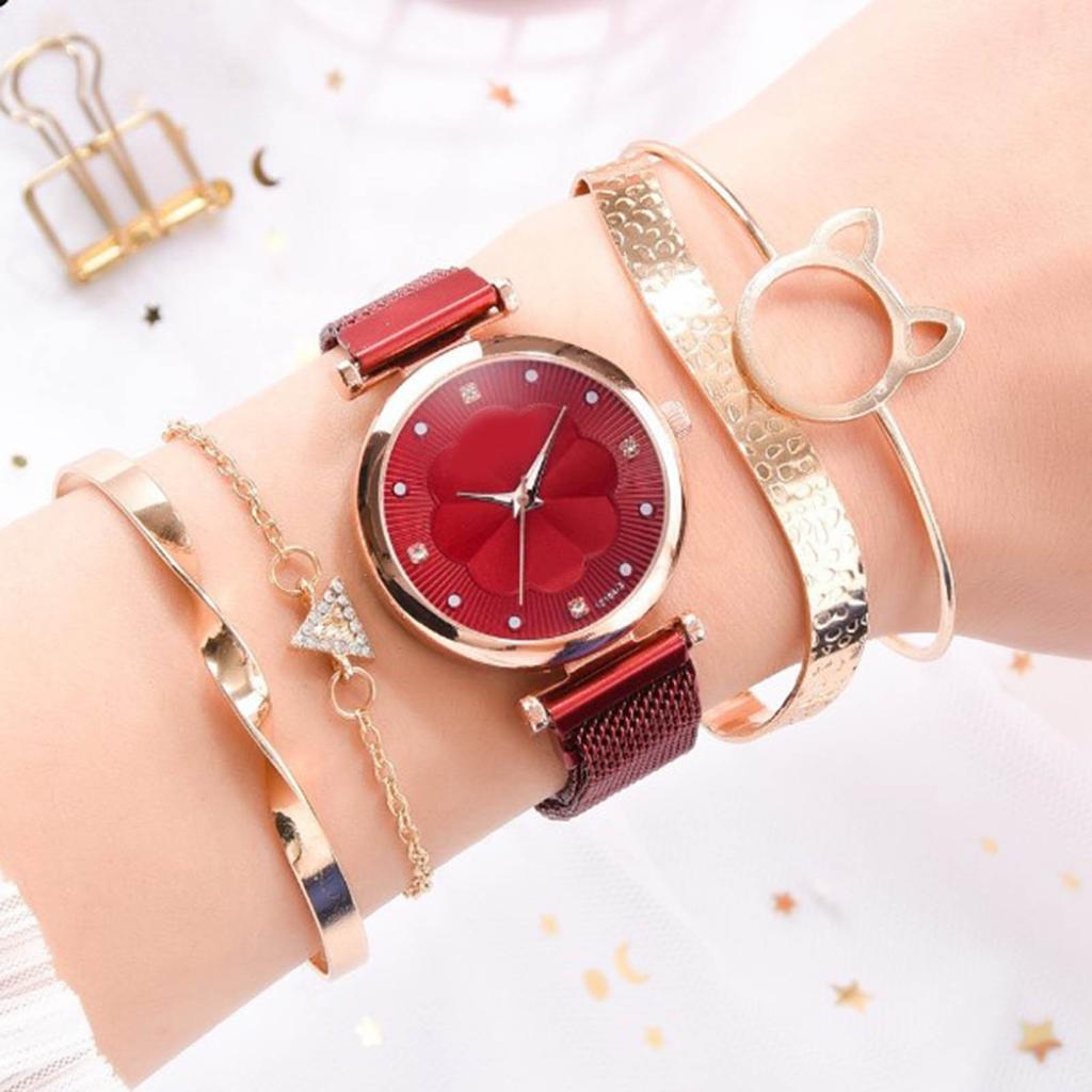 5pcs Bangle Watch Set Quartz Alloy Elegent High Glossy Daily Accessories Jewelry Set with Storage