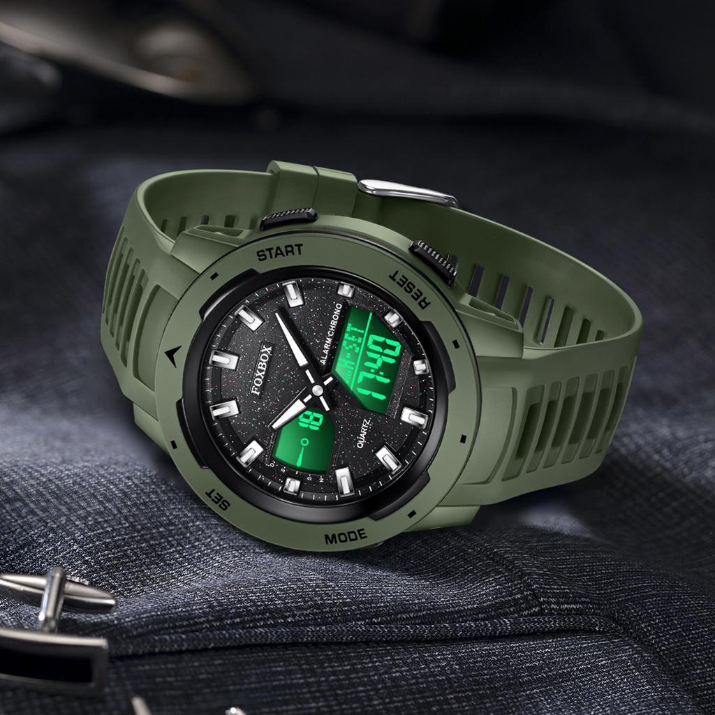 FOXBOX Military Alarm Men Watches Silicone Stopwatch LED Digital Backlight Dual Time Display Waterproof Watch Men Orologio Uomo