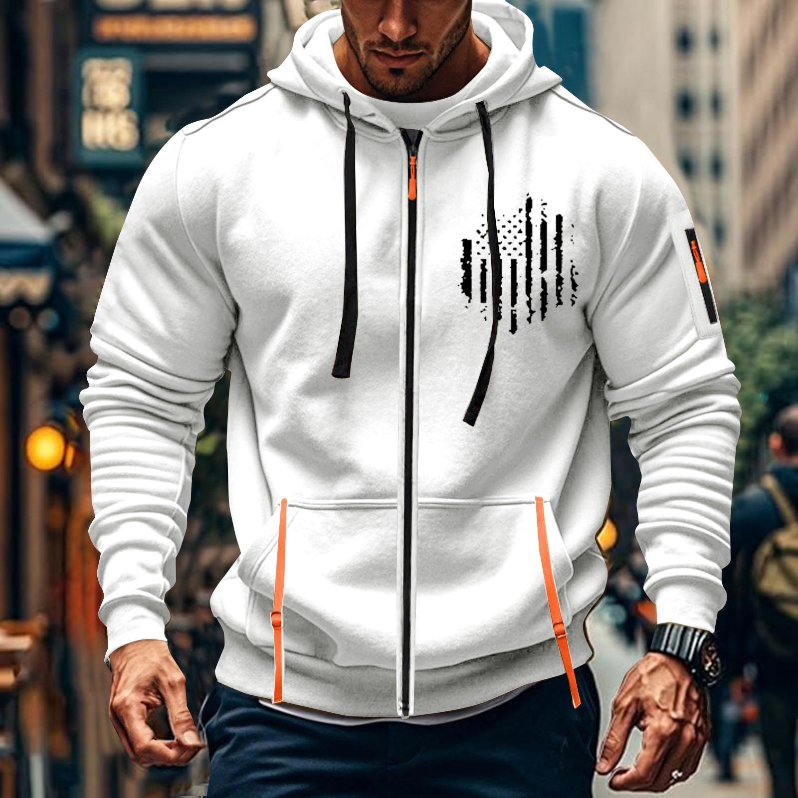 

Мужская спортивная повседневная толстовка с капюшоном, кардиган с капюшоном на молнии, многокарманное пальто с капюшоном XL белый