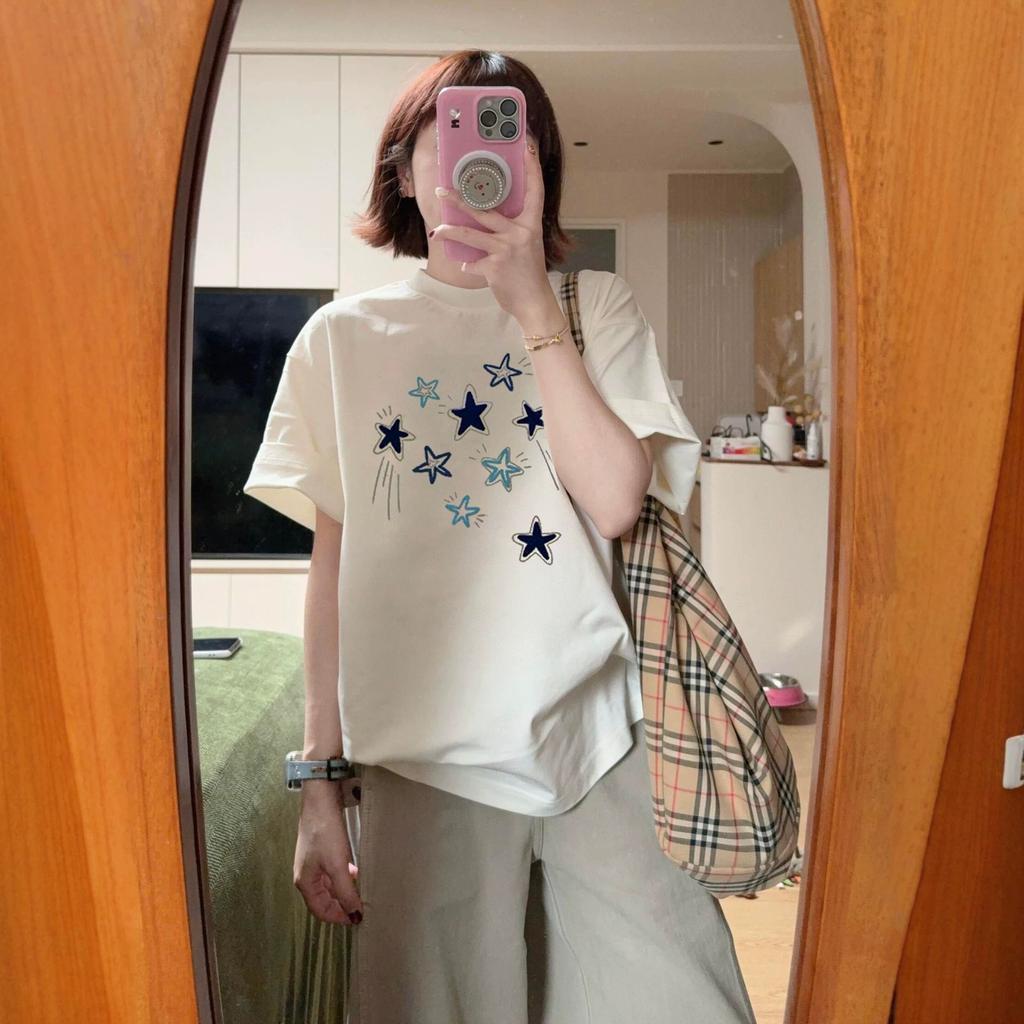 American white star short-sleeved t-shirt female summer student loose design sense niche unique huge good-looking half-sleeved top