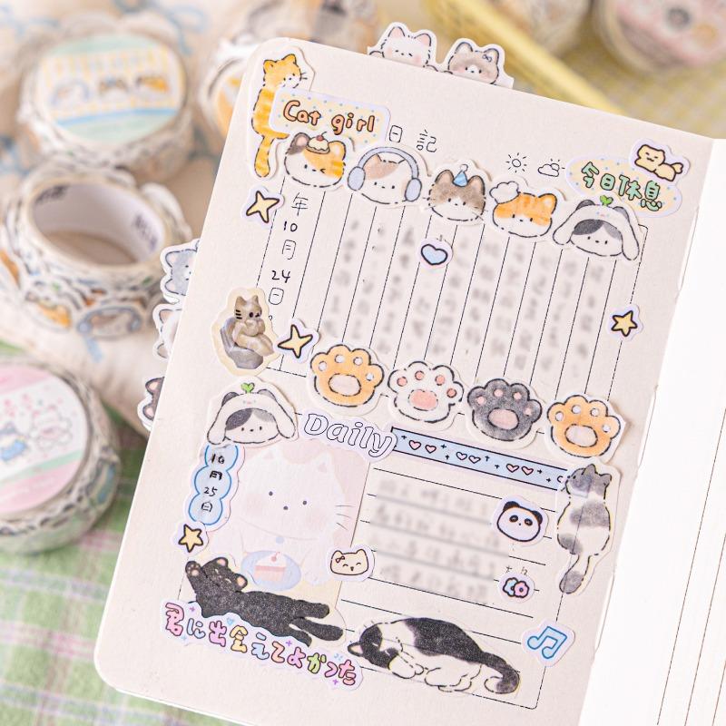Cute Hand Drawn Cat Glitter Washi Special Shaped Tape For Diy Journal Decoration