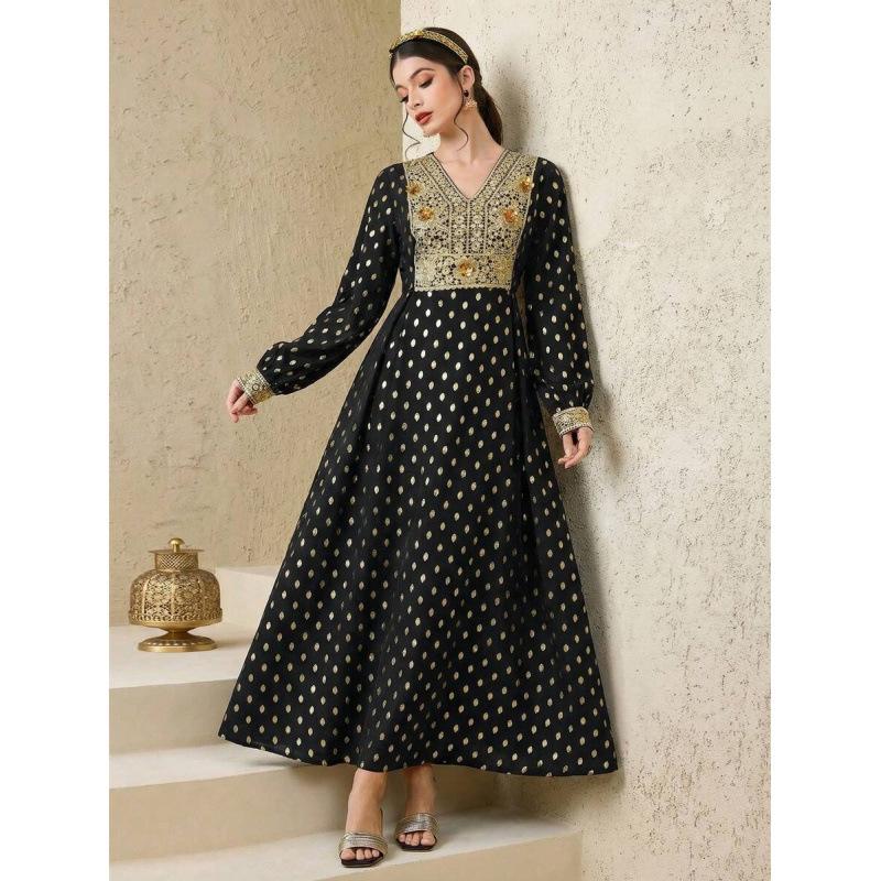 Elegant temperament holiday style full print splicing lace sequin V-neck long-sleeved dress women S