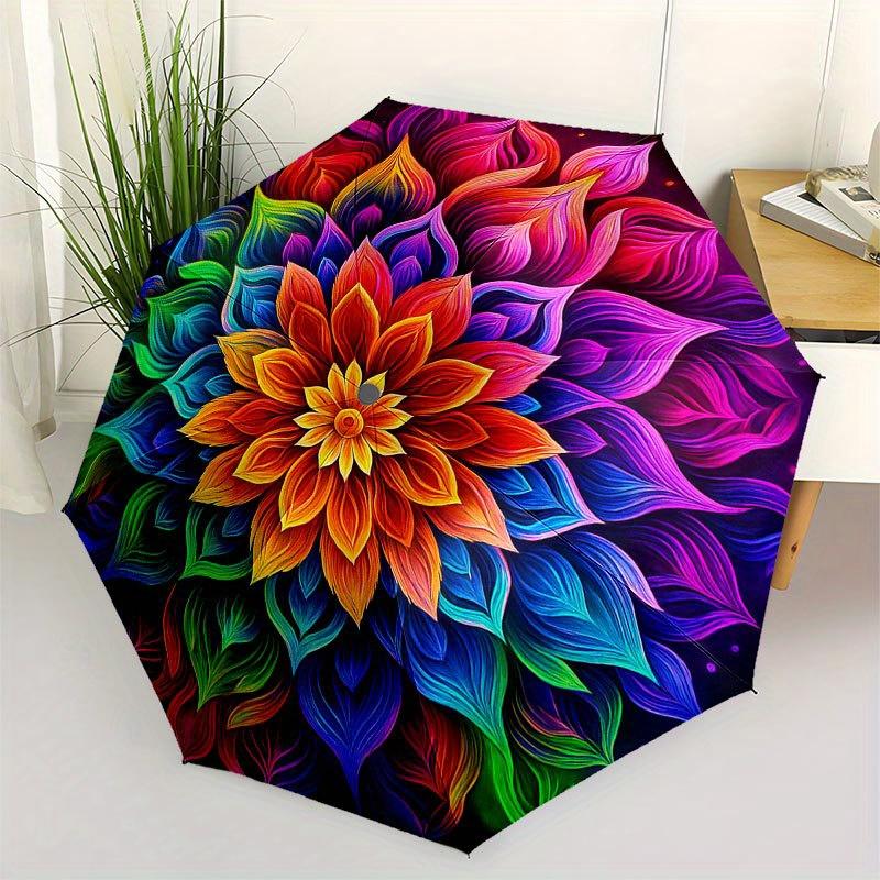 

Vibrant Rainbow Flower Mandala Wall Art PrintUmbrella with Cute Design, Portable 3-Fold Compact Umbrella for Men & Women, Valentine s Day Mother s Day