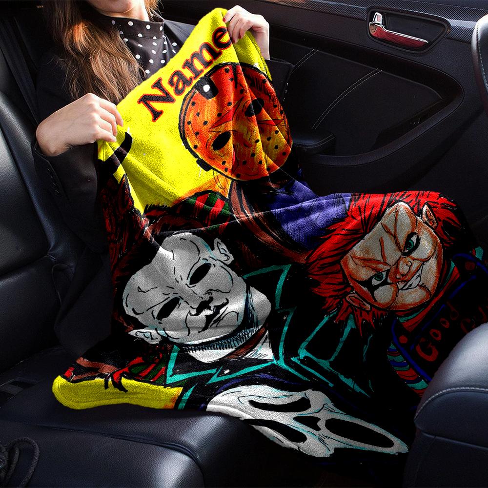 Custom Name Halloween horror Theme Printed Blanket - Perfect for Couch, Bed, Travel & Outdoor Use | Machine Washable, Cozy & Durable.