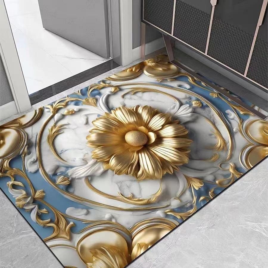 Luxury European 2D Gold Blue Floral Doormat, Marble Print Non-Slip Entryway Rug, Elegant Home Decor Door Mat Kitchen Rug