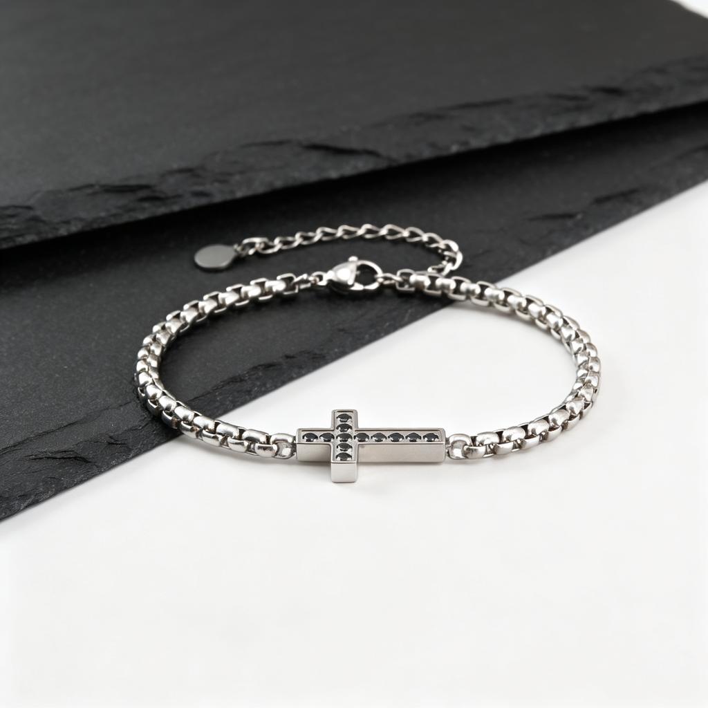 Stylsih Stainless Steel Men's Bracelet,Black Zircon Cross Charm Adjustbale Chain Wristbandk,Hip Hop Father's Day Gift for Him