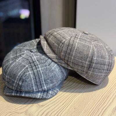 New Style British Style Forward Hat British Beret Deep Brim Hat Showing Face Small Japanese Painter Hat Octagonal Hat Plaid Trend