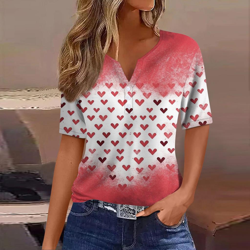 Women's T Shirt Tee Valentine's Day Print Button Short Sleeve Daily Weekend Fashion Basic V- Neck Regular Top