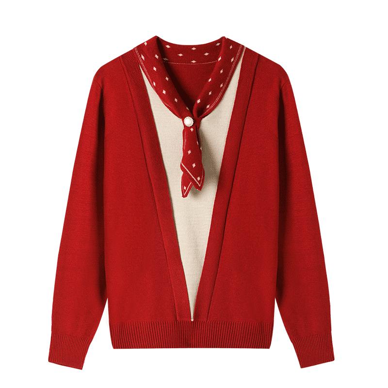 Women's Elegant Mock Layer Knit Sweater with Scarf Collar