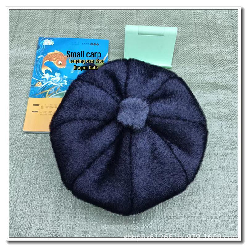 Plush Octagonal Beret: Fluffy, Noble-Looking Faux Mink Fur Hat for a Slimmer Face.