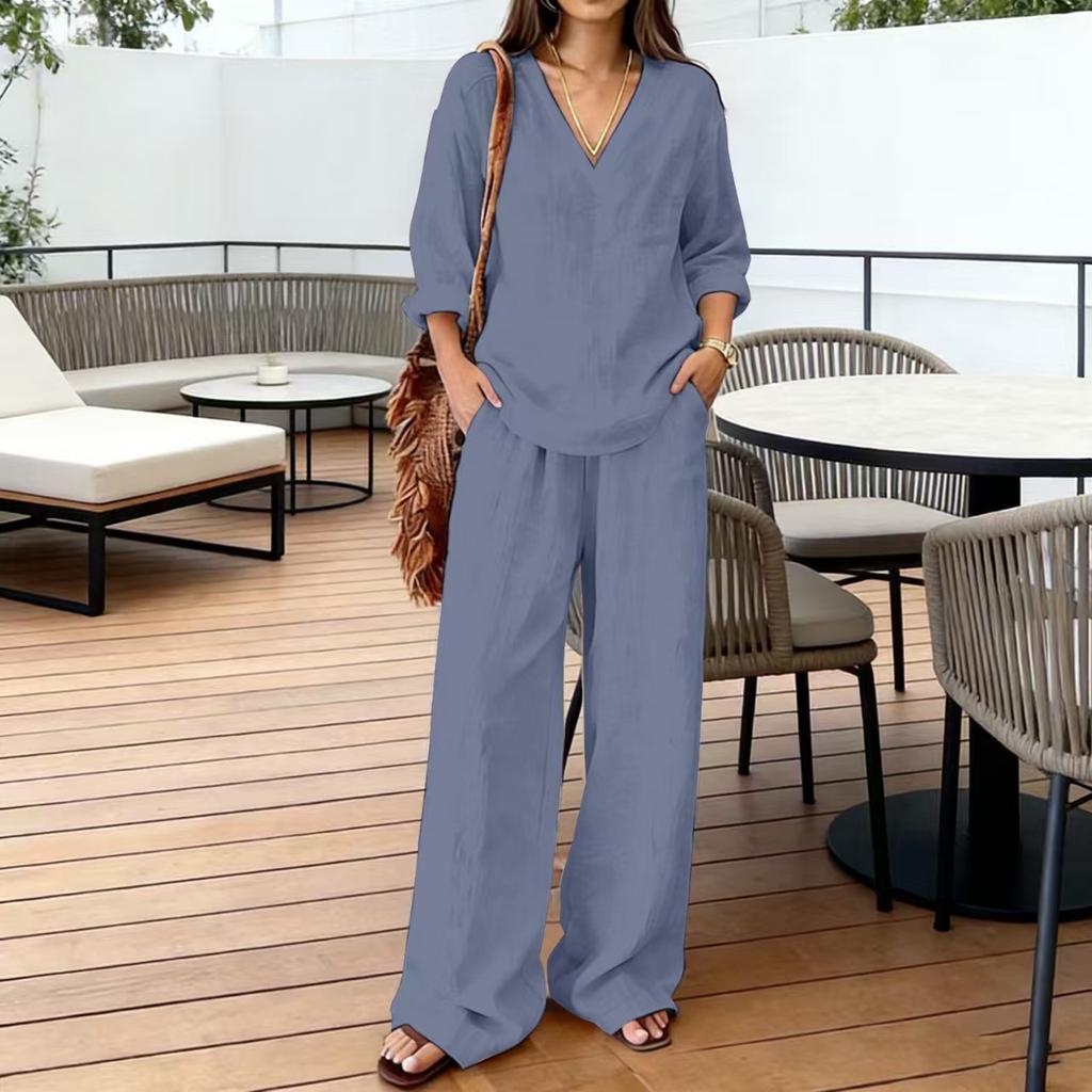 1116 New European and American Style V-neck Linen Wide-Leg Pants Set Women's Summer Casual Loose Two-Piece Trendy Style