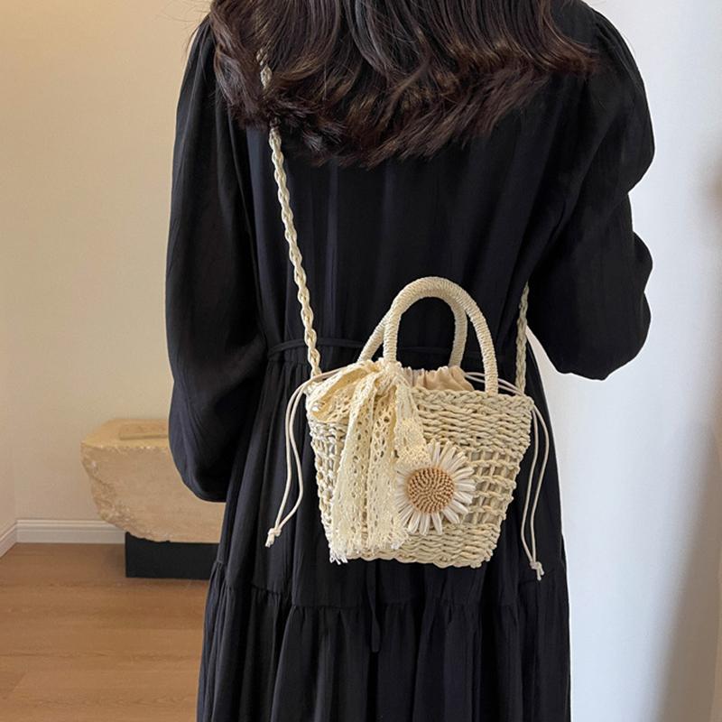 Yogodlns Stroh Handgefertigt Sommerurlaub Gewebt Damen Floral Dekor Kleine Umhängetasche Böhmisch Strand Reise Korb Crossbody Taschen
