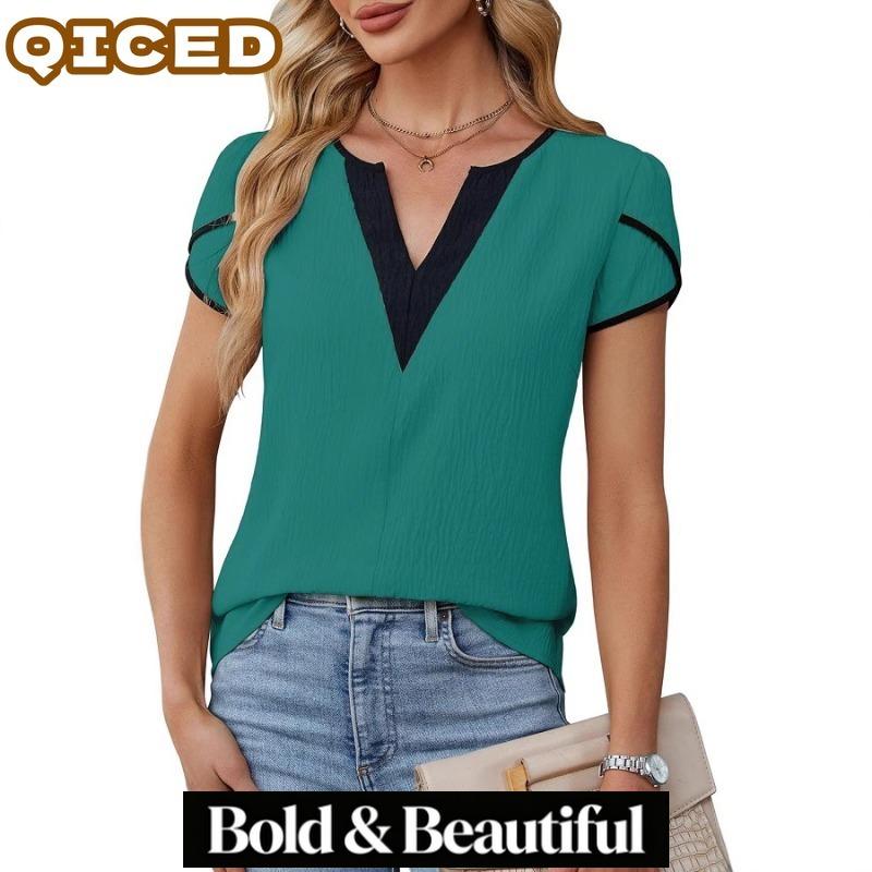 QICED Damenmode Lässige V-Ausschnitt Kurzarm Blusen & Hemden