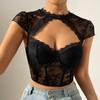 Round Neck Floral Lace Patchwork Top Sexy Steel Ring Fishbone Slim Fit with Exposed Navel Short Women's Corset Tops