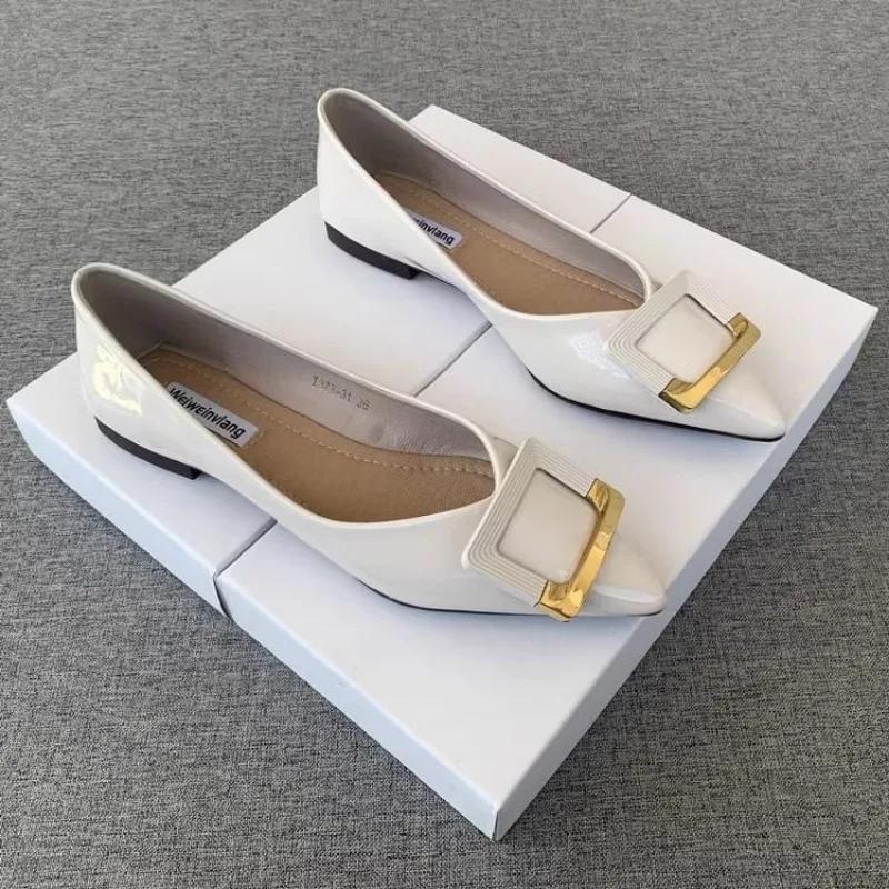 Pantofi Negri Pantofi Plați cu Vârf Pantofi Joker din Piele Lăcuită Confortabili cu Talpă Moale Pantofi Lok Fu Mărimi Mari Pantofi pentru Femei