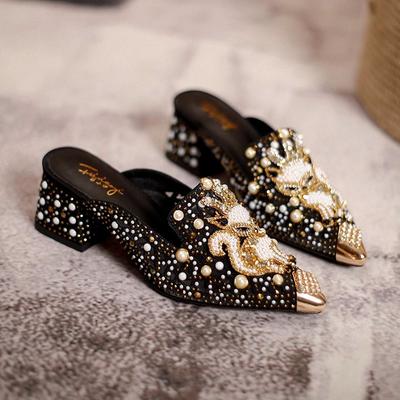 European Summer Shoes for Women Luxury Sandals Hollow Out Pearl Rhinestone Fox Heels Slipper Girl Street Fashion Pumps