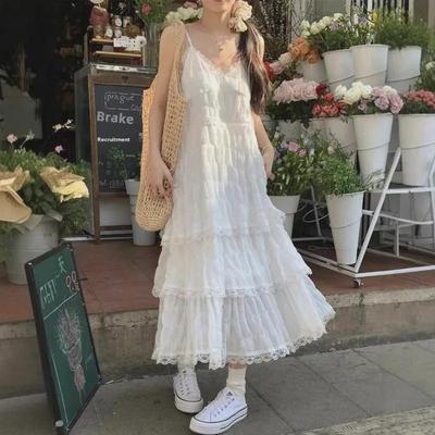 Chic French White Suspender Dress for Women - Age-Defying, Loose, Layered, Long Skirt, Perfect for Spring Vacations