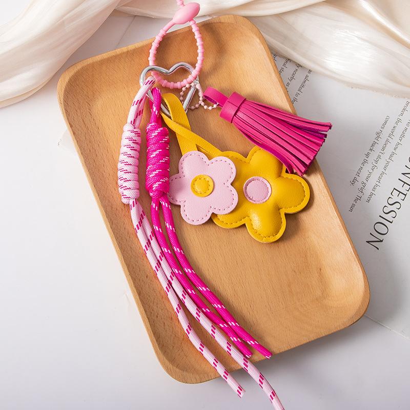 Yogodlns Exquisite Cute Faux Leather Flower Tassel Braided Rope Bag Charms Pendant For Handbag Purse Backpack Accessories