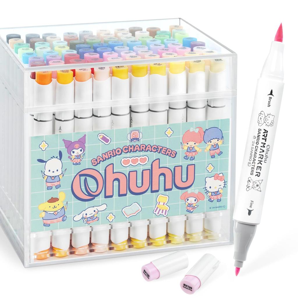 Sanrio Characters x Ohuhu Illustration Brush Fine 80 Colors Pastel and Light Includes 1 Blender Honolulu B Series Markers, Type, Point, (81 Markers),