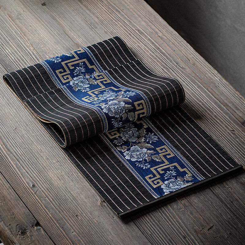Tea Mat Embroidery Bamboo Mat Classical Vintage Tea Table Runner Tea Cup Pad Tablecloth Ancient Rhyme Chinese Style Flower 30x40cm