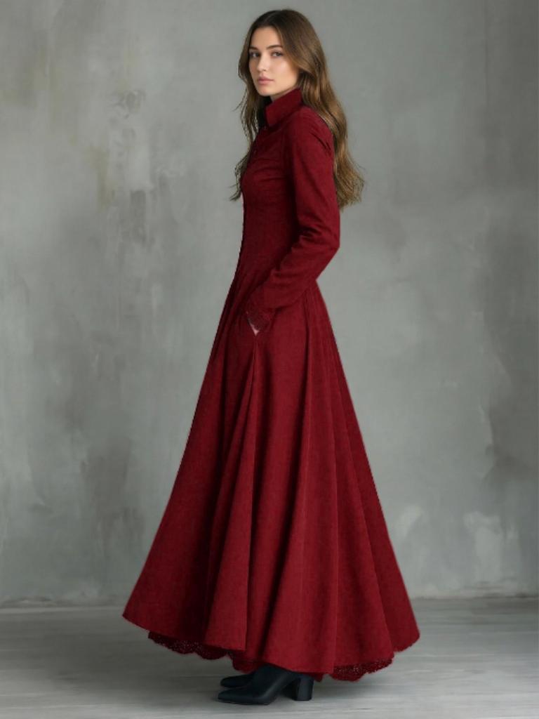 2025 Französisches Retro-Spitzenbesatz Wildleder Patchwork Langes Kleid