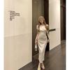 Swinging Collar Slanted Shoulder Off-the-shoulder Temperament Dress Casual New Women's Summer French Unique and Beautiful Waist Pinch Hip Wrap Dress
