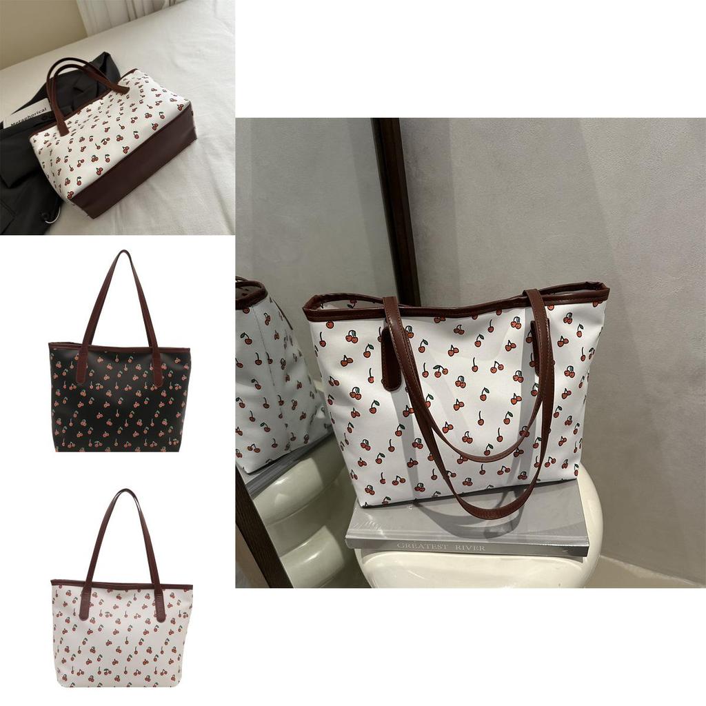 Fashion Large Capacity Pu Tote Bag For Women With Cherry Print Design Zipper Closure For Daily Use