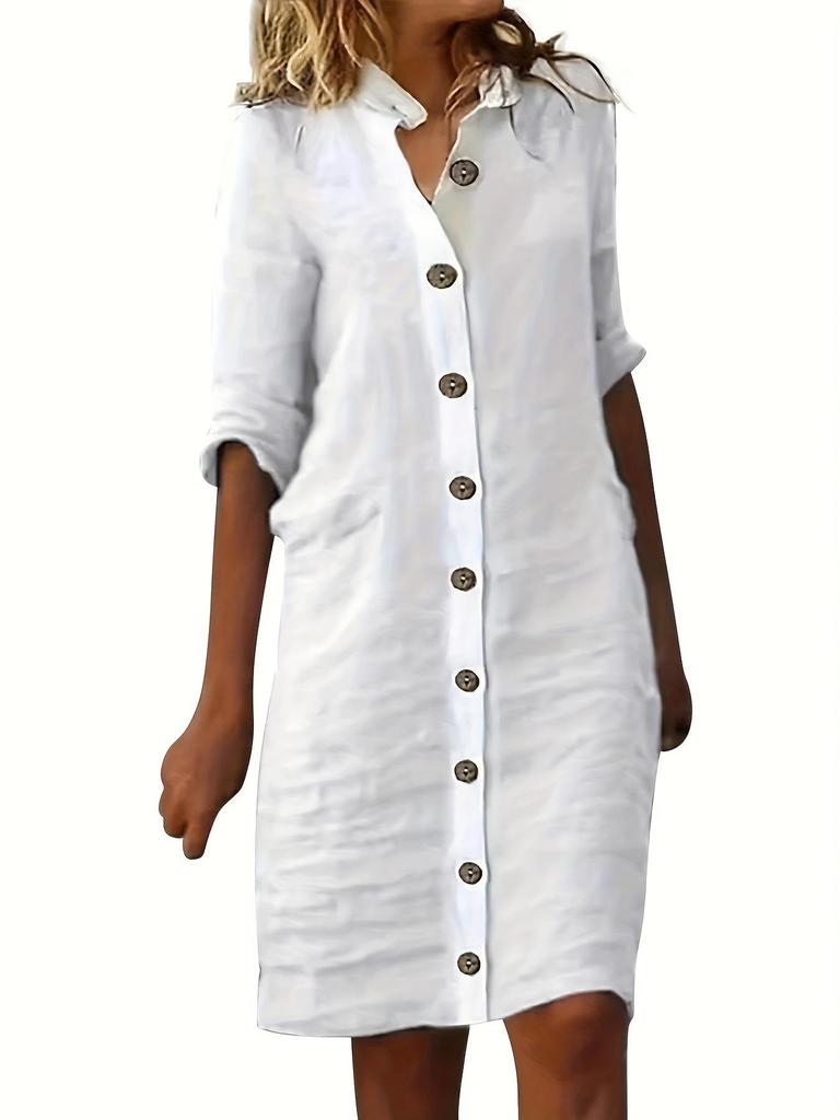 2024 Trendy V-Neck Button T-Shirt Dress - Casual, Short Sleeve, Fashionable Commute Style