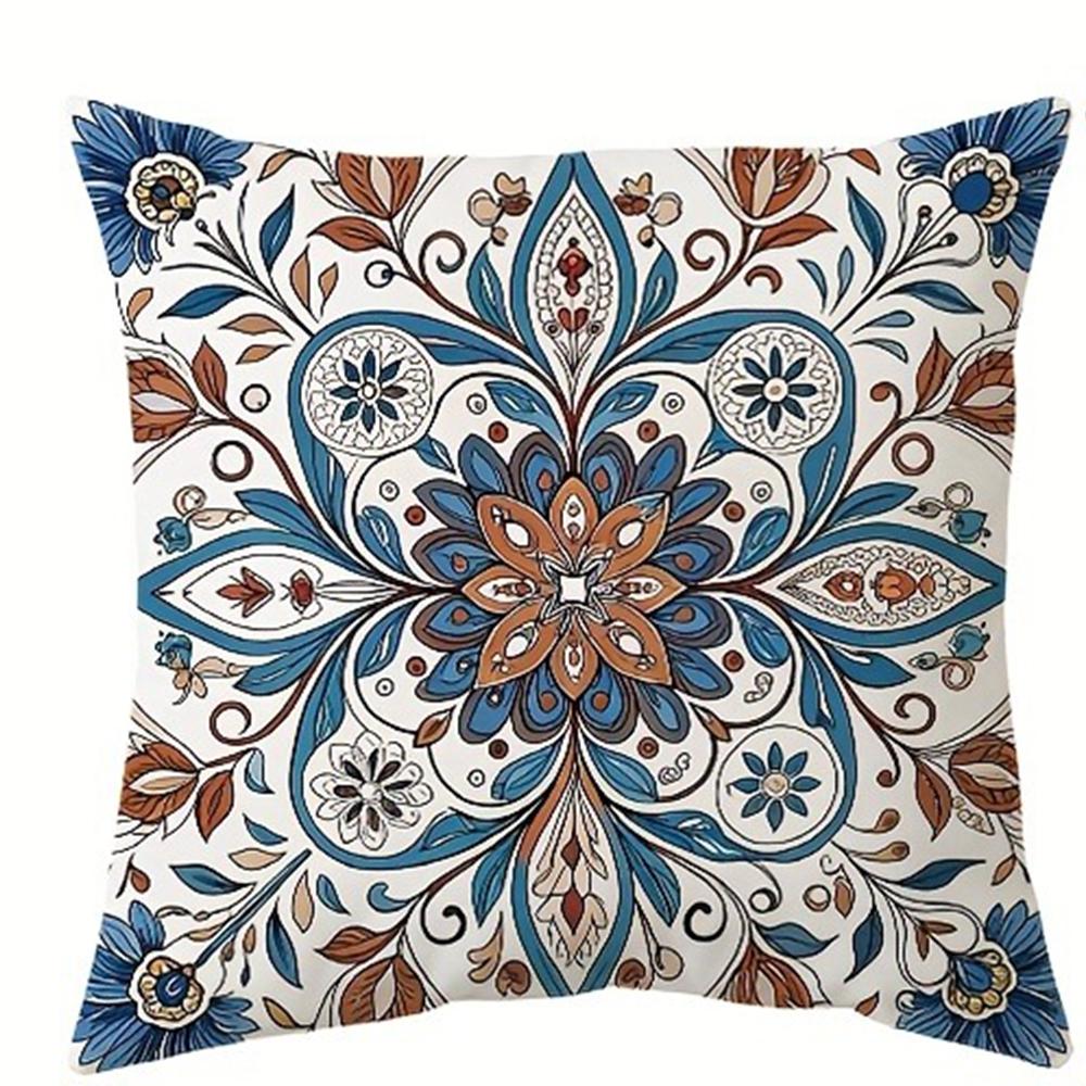 Retro Tile - Inspired Floral Pillow CoversLiving Room Sofa Cushion Cover, Soft and Comfortable, Bedroom Room Decoration