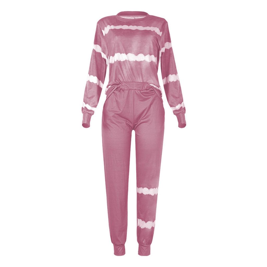 Women's Fashion Long Sleeve Casual Tie-dye Printed Stripe Suit Two-piece Home Pajamas