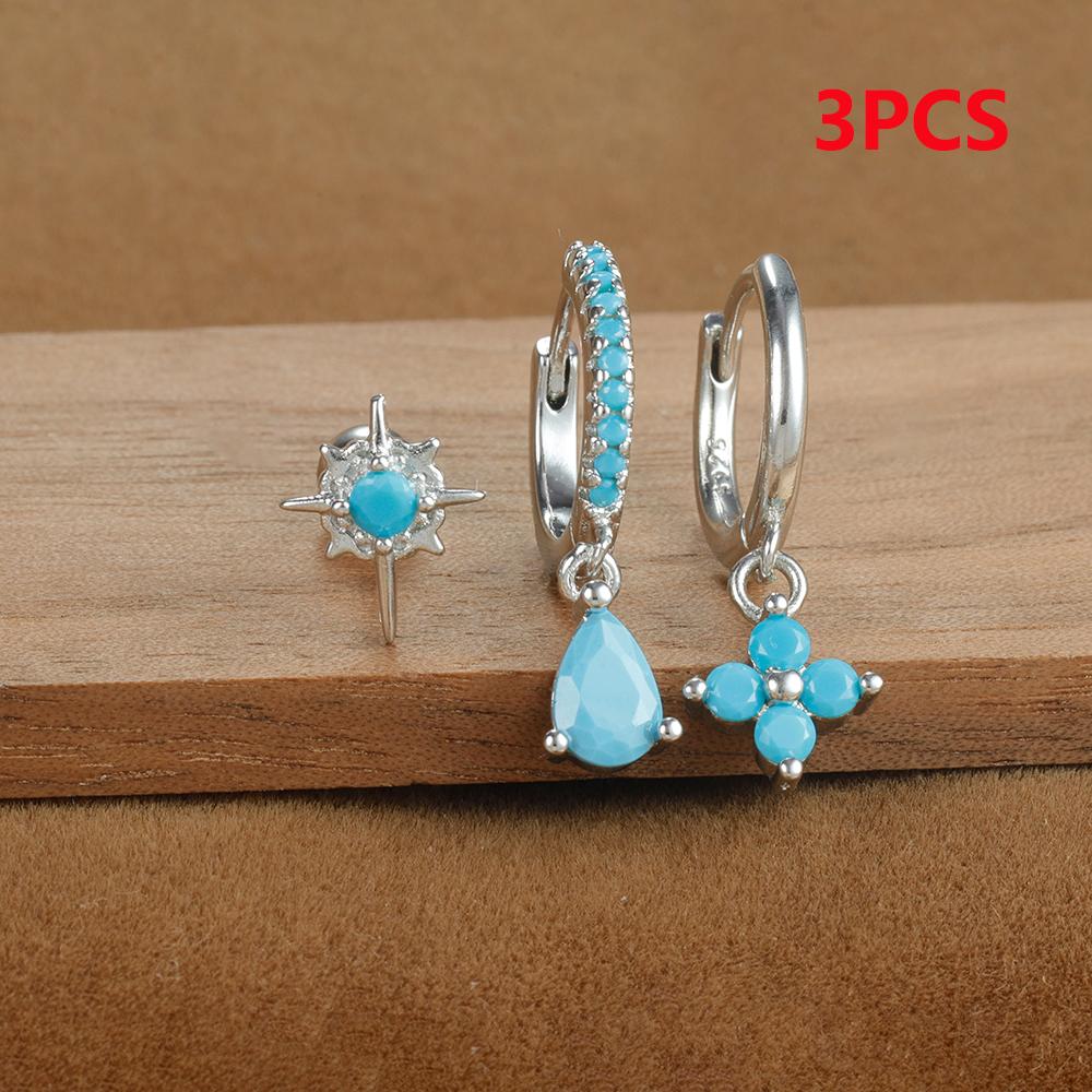 3PCS Stainless Steel Cubic Zirconia Water Drop Hoop Earrings Set For Women Simple Huggies Blue Star Cartilage Piercing Jewelry