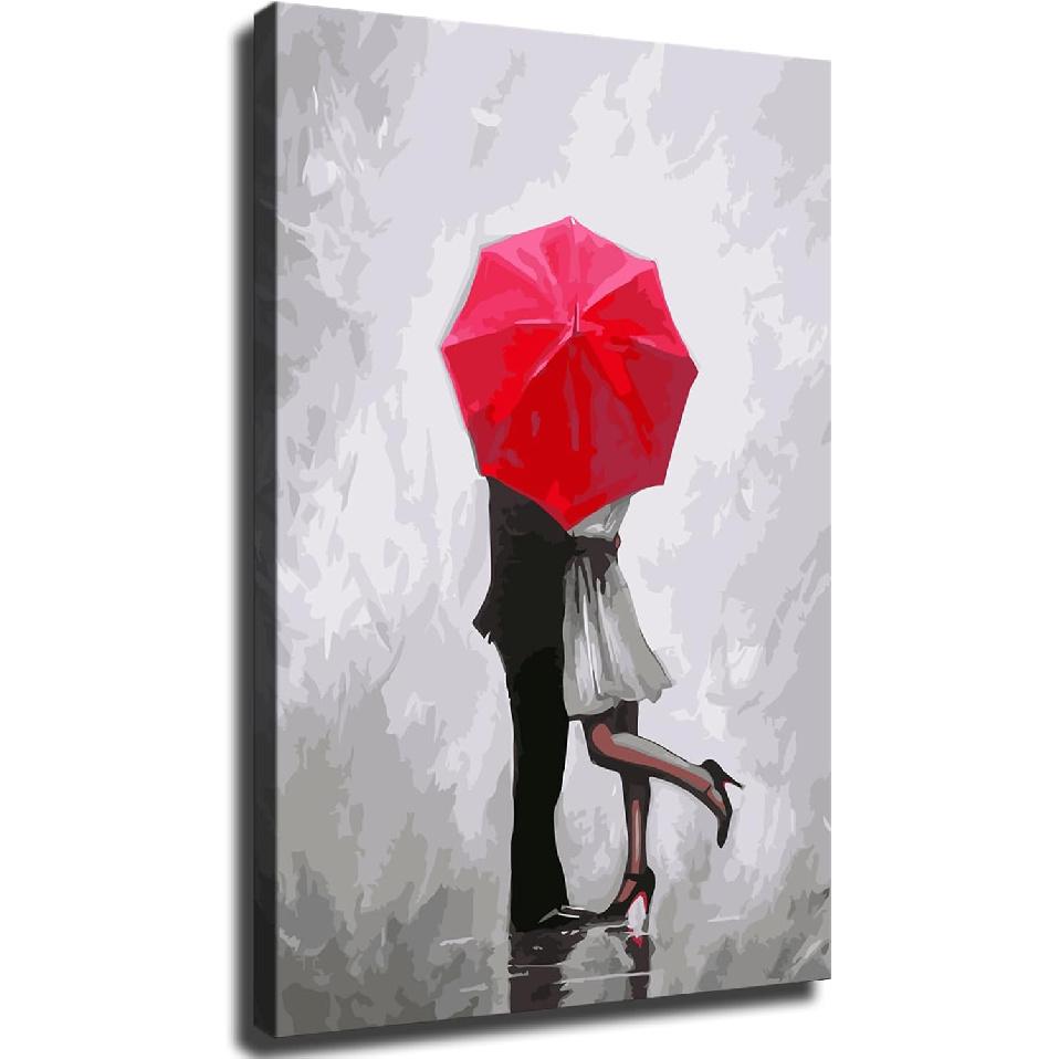 Red Umbrella and Couple Silver Sky and Romantic Couple Poster Canvas Wall Art Picture Print Modern Home Bedroom with Frameless Decor